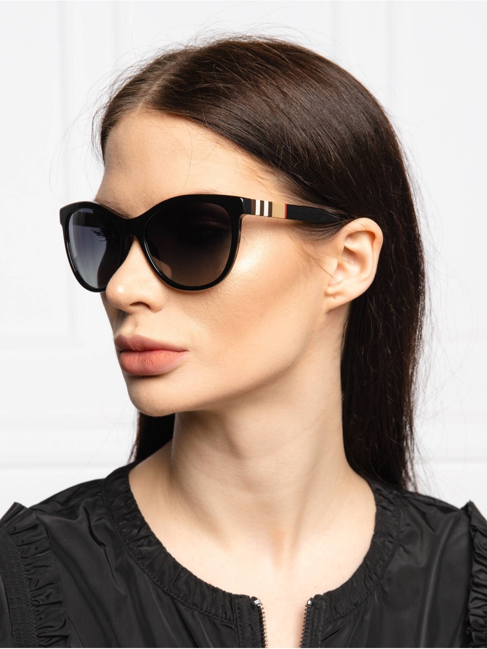 Burberry Black Cat-Eye Sunglasses with Signature Check Temples